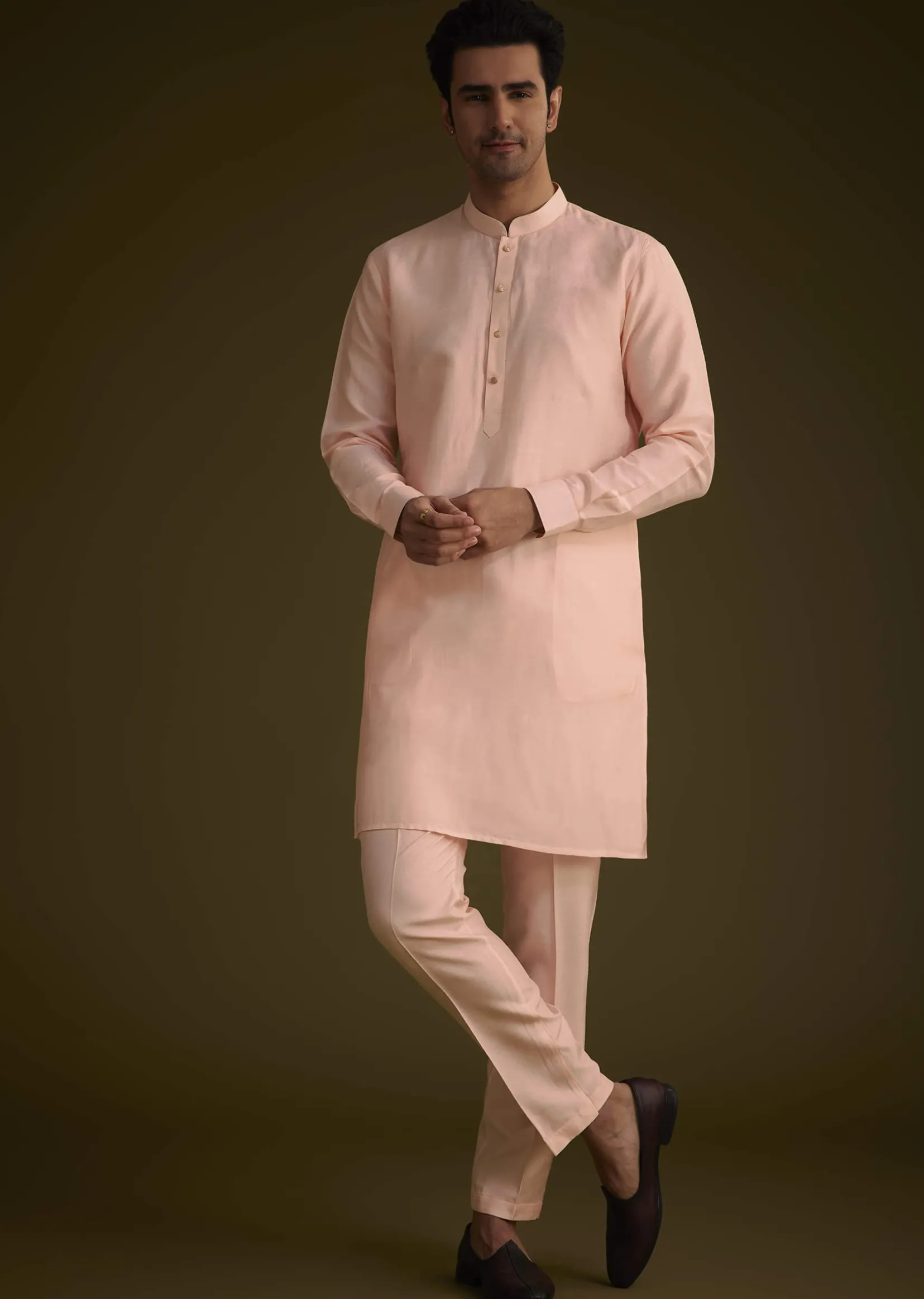 Baby Pink Silk Jacket Set With Nature Themed Patch Work