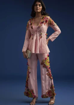 Baby Pink Silk Palazzo Set With Resham Work