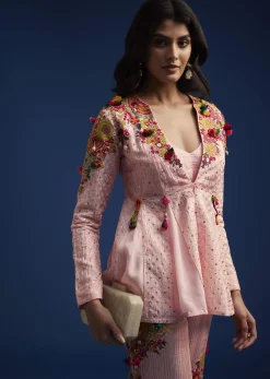 Baby Pink Silk Palazzo Set With Resham Work