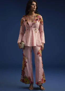 Baby Pink Silk Palazzo Set With Resham Work