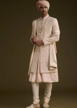 Baby Pink Silk Sherwani Set With Resham Embroidery