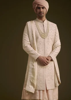Baby Pink Silk Sherwani Set With Resham Embroidery