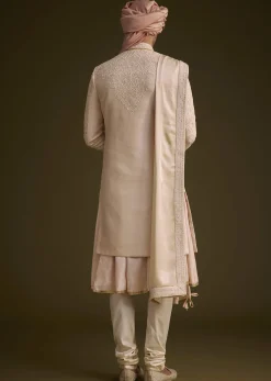 Baby Pink Silk Sherwani Set With Resham Embroidery