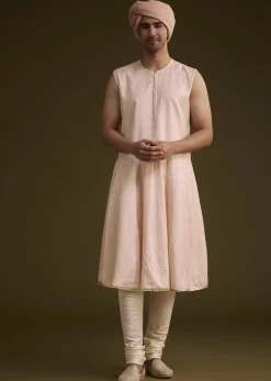 Baby Pink Silk Sherwani Set With Resham Embroidery
