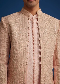 Baby Pink Silk Short Sherwani Set With Zardosi Embroidery
