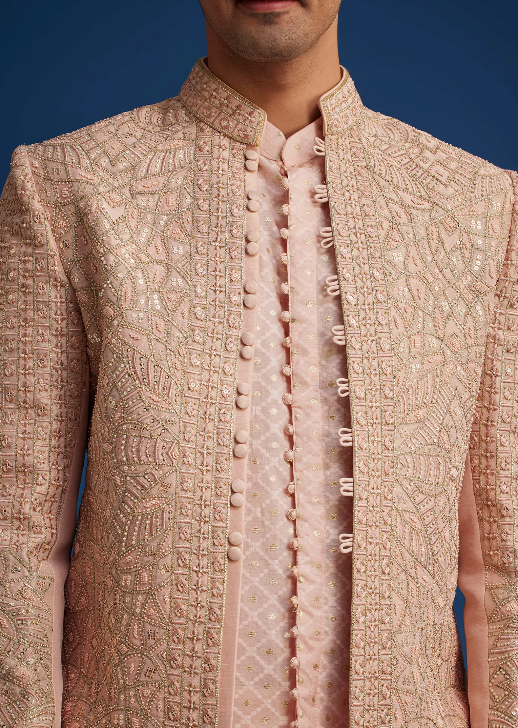 Baby Pink Silk Short Sherwani Set With Zardosi Embroidery