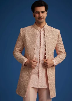 Baby Pink Silk Short Sherwani Set With Zardosi Embroidery