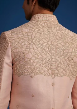 Baby Pink Silk Short Sherwani Set With Zardosi Embroidery