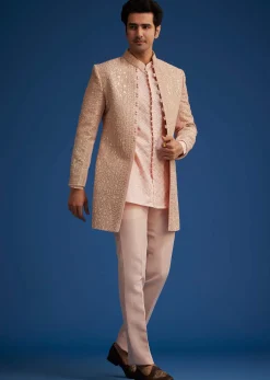 Baby Pink Silk Short Sherwani Set With Zardosi Embroidery