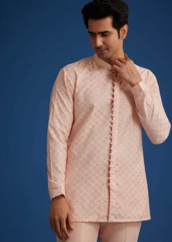 Baby Pink Silk Short Sherwani Set With Zardosi Embroidery
