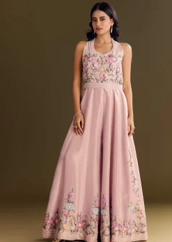 Baby Pink Tissue Jumpsuit With Moti Cutdana Belt