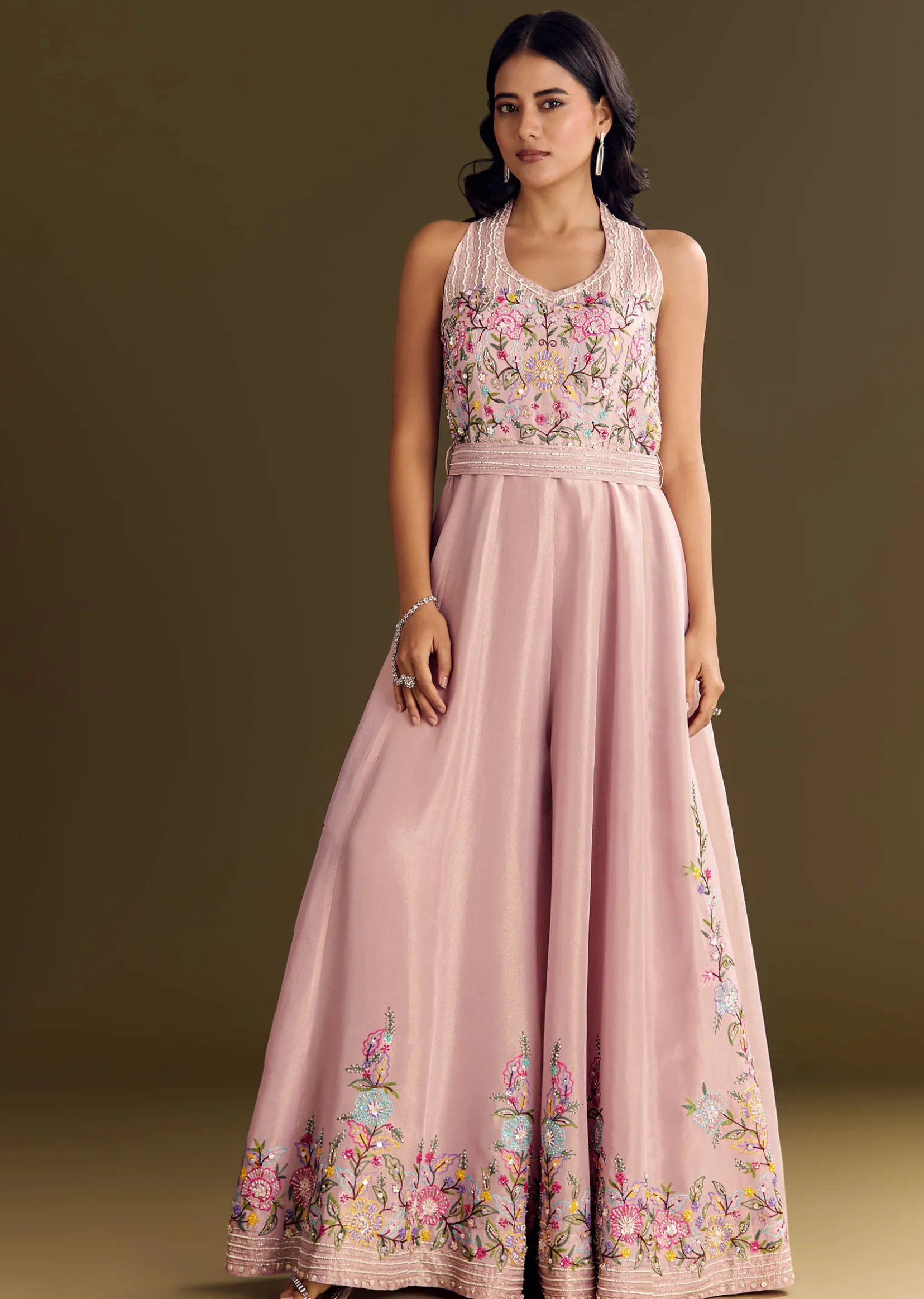 Baby Pink Tissue Jumpsuit With Moti Cutdana Belt
