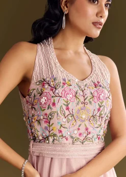 Baby Pink Tissue Jumpsuit With Moti Cutdana Belt