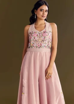 Baby Pink Tissue Jumpsuit With Moti Cutdana Belt