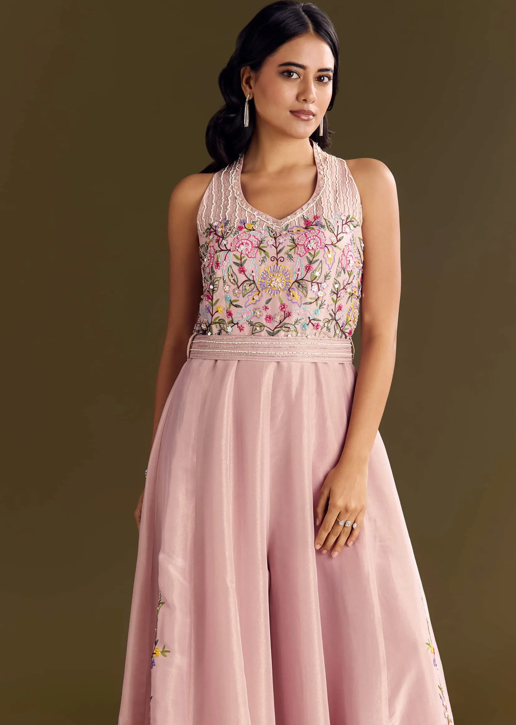 Baby Pink Tissue Jumpsuit With Moti Cutdana Belt
