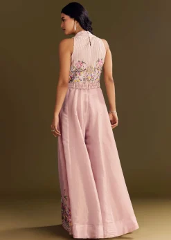 Baby Pink Tissue Jumpsuit With Moti Cutdana Belt