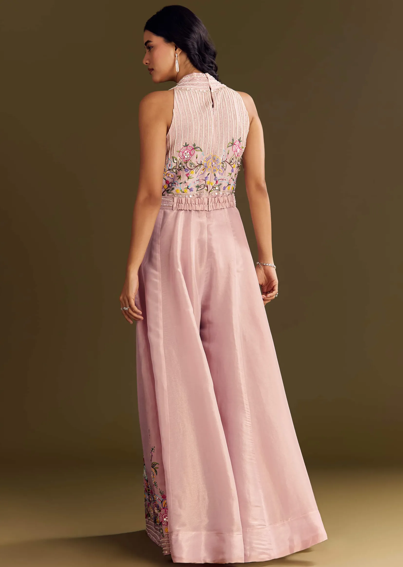 Baby Pink Tissue Jumpsuit With Moti Cutdana Belt