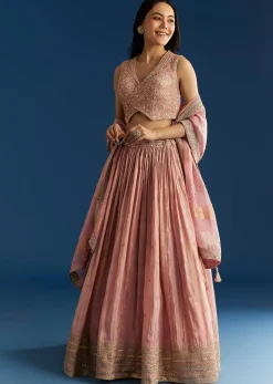 Baby Pink Tissue Lehenga Set With Mirror Sequins Choli
