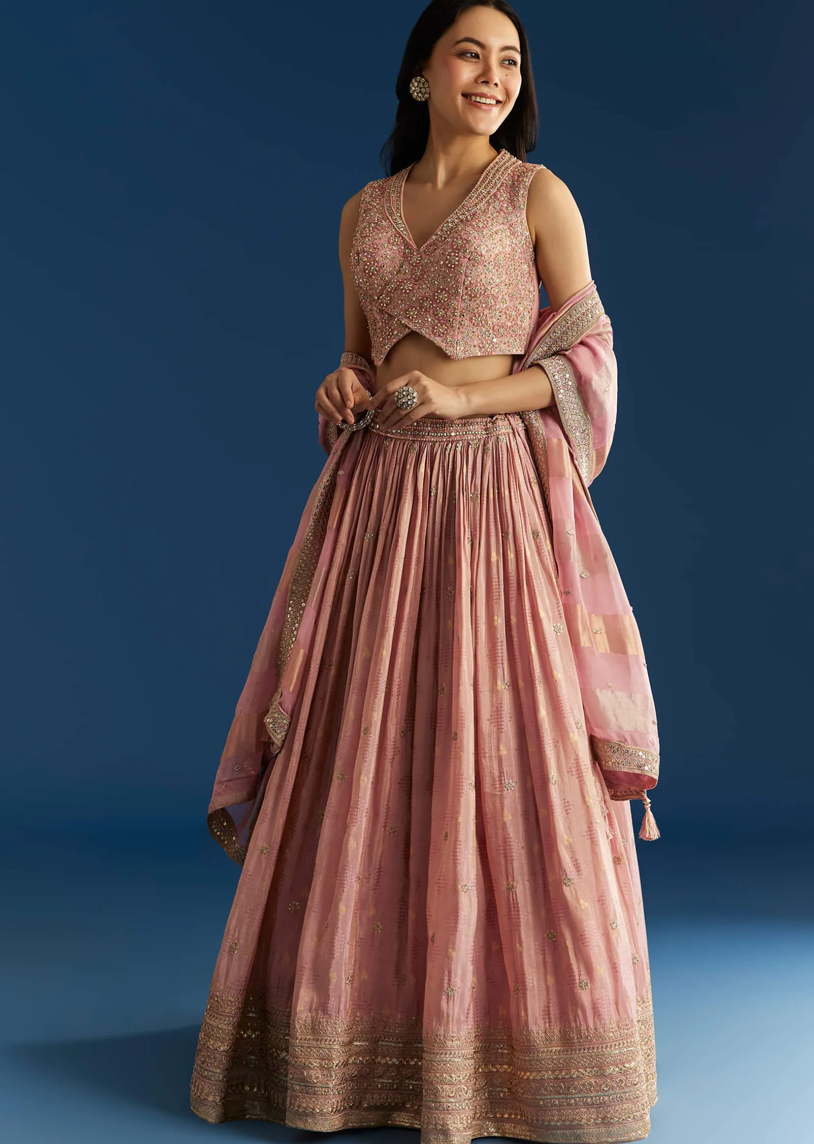 Baby Pink Tissue Lehenga Set With Mirror Sequins Choli