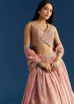 Baby Pink Tissue Lehenga Set With Mirror Sequins Choli
