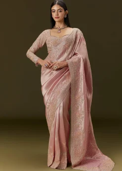 Baby Pink Tissue Saree With Velvet Embroidered Blouse