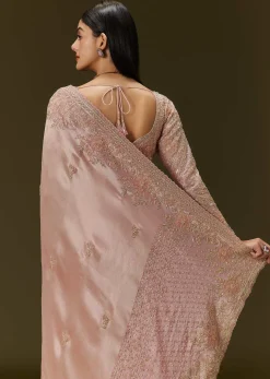 Baby Pink Tissue Saree With Velvet Embroidered Blouse
