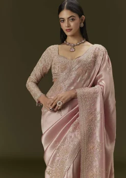 Baby Pink Tissue Saree With Velvet Embroidered Blouse
