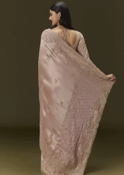 Baby Pink Tissue Saree With Velvet Embroidered Blouse