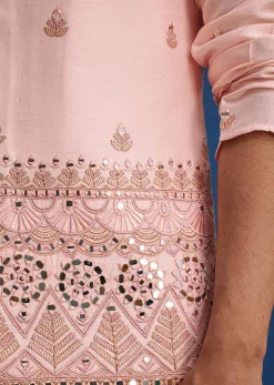 Baby Pink Tussar Kurta Jacket Set With Mirror Embroidery