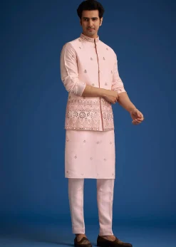 Baby Pink Tussar Kurta Jacket Set With Mirror Embroidery