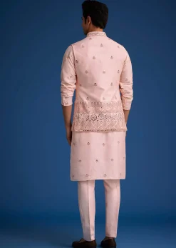 Baby Pink Tussar Kurta Jacket Set With Mirror Embroidery
