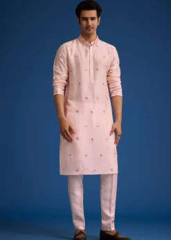 Baby Pink Tussar Kurta Jacket Set With Mirror Embroidery