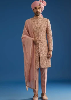 Baby Pink Tussar Sherwani Set With Cutdana Embroidery And Organza Dupatta