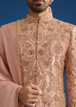 Baby Pink Tussar Sherwani Set With Cutdana Embroidery And Organza Dupatta
