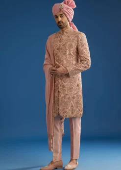 Baby Pink Tussar Sherwani Set With Cutdana Embroidery And Organza Dupatta