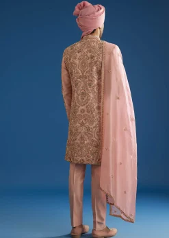 Baby Pink Tussar Sherwani Set With Cutdana Embroidery And Organza Dupatta