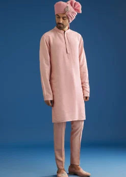 Baby Pink Tussar Sherwani Set With Cutdana Embroidery And Organza Dupatta