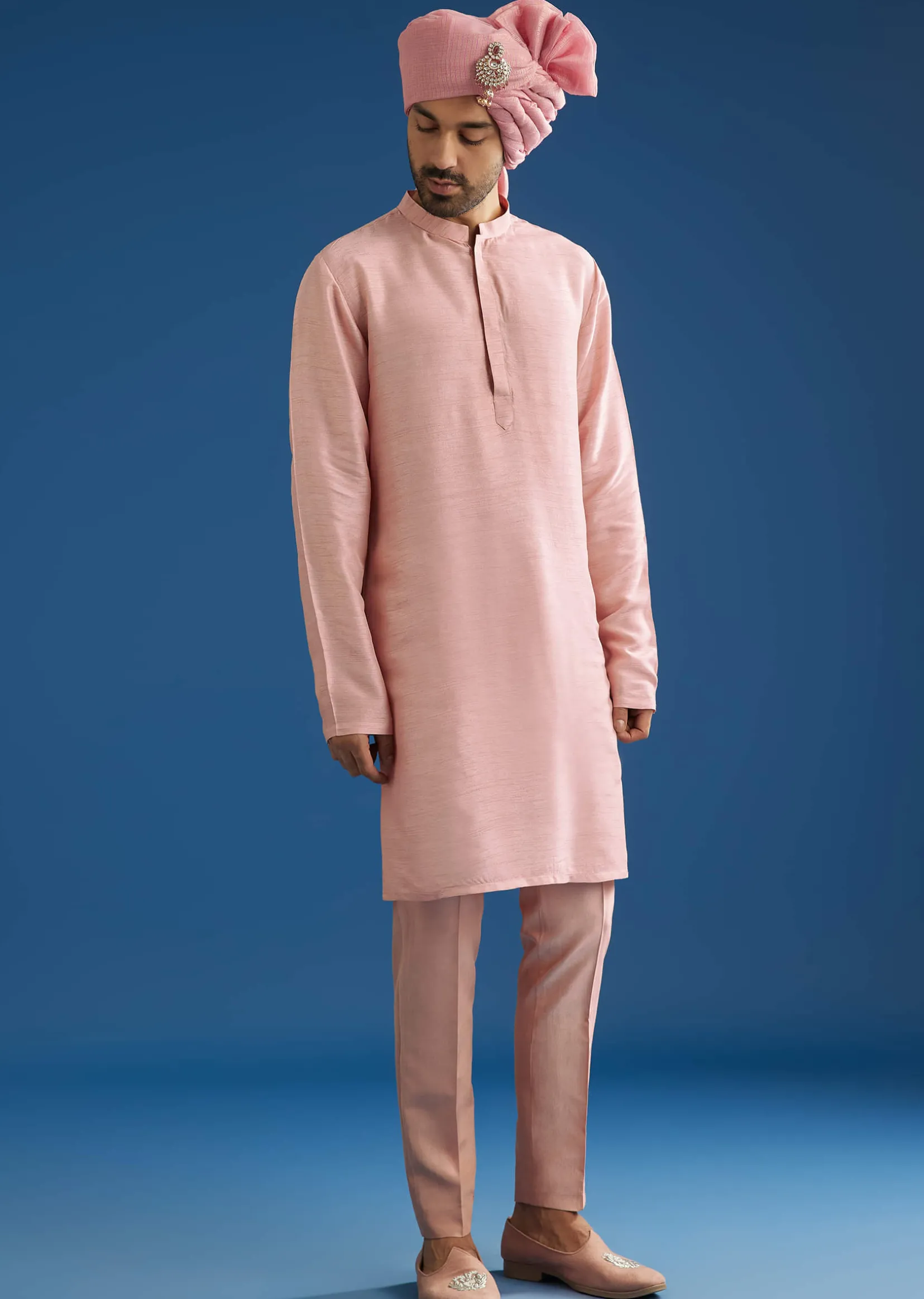 Baby Pink Tussar Sherwani Set With Cutdana Embroidery And Organza Dupatta