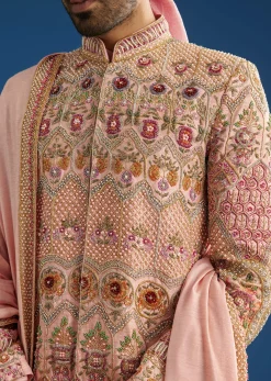 Baby Pink Tussar Sherwani With Cutdana And Tikki Stone Work