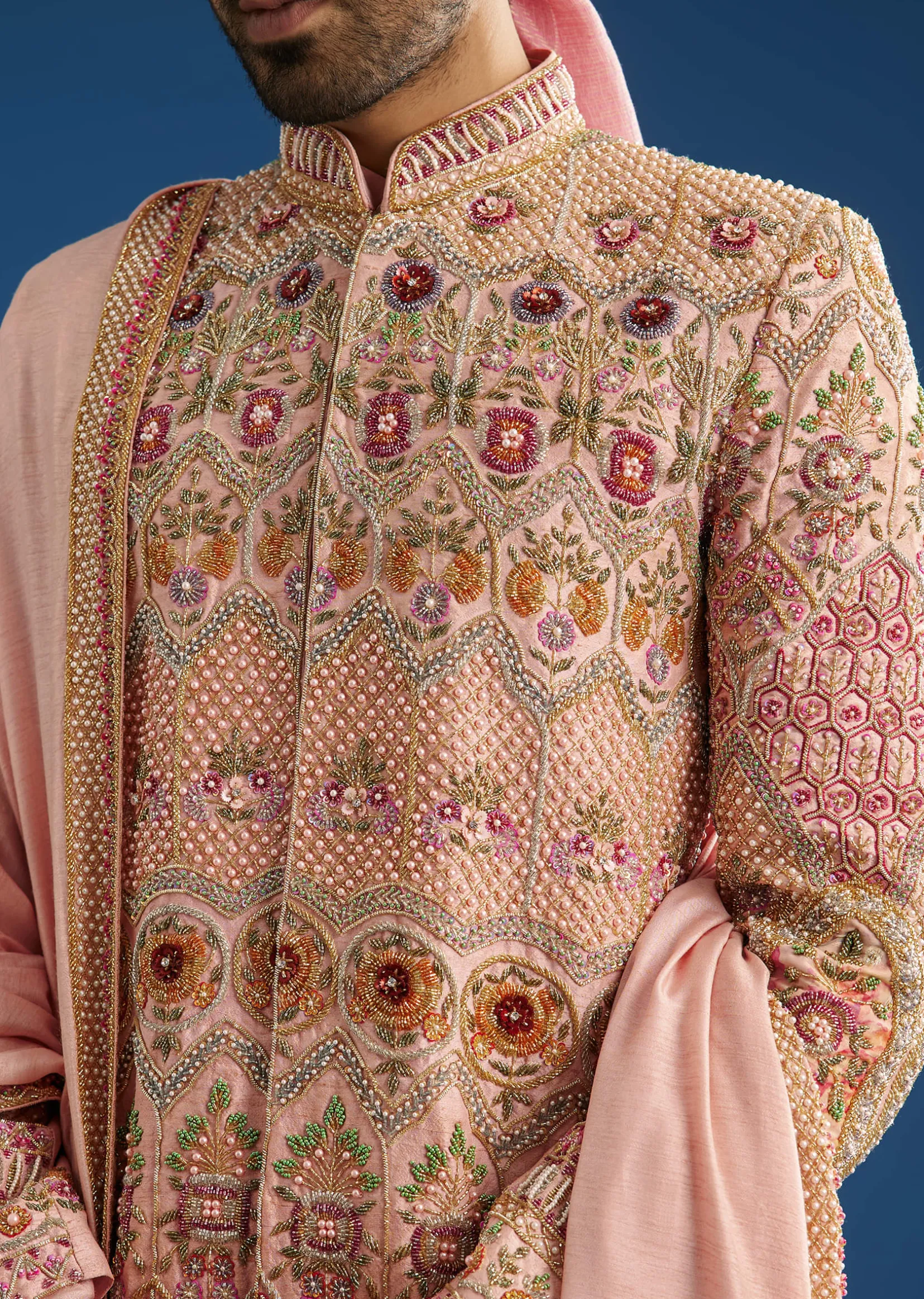 Baby Pink Tussar Sherwani With Cutdana And Tikki Stone Work