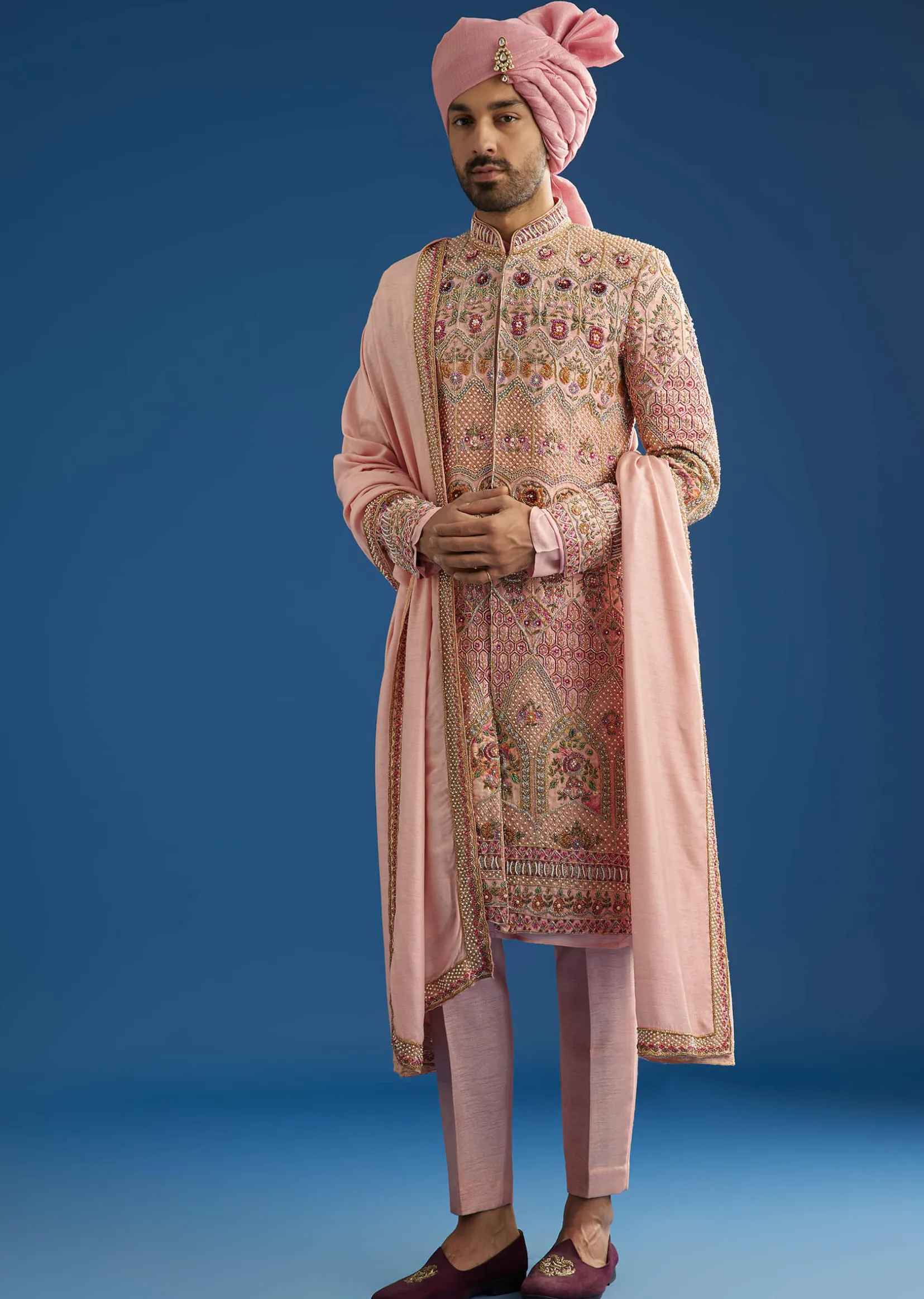 Baby Pink Tussar Sherwani With Cutdana And Tikki Stone Work