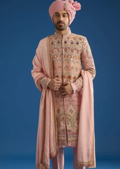 Baby Pink Tussar Sherwani With Cutdana And Tikki Stone Work