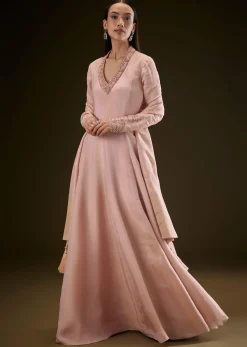 Baby Pink V Neck Anarkali With Printed Dupatta