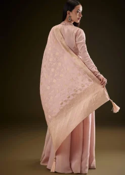 Baby Pink V Neck Anarkali With Printed Dupatta