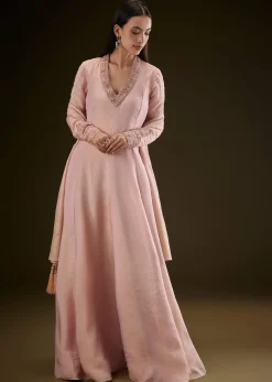 Baby Pink V Neck Anarkali With Printed Dupatta