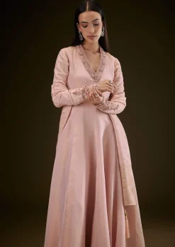Baby Pink V Neck Anarkali With Printed Dupatta