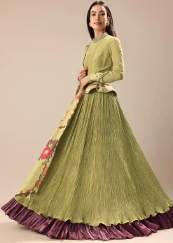 Bamboo Green Embroidered Anarkali Suit With Printed Dupatta