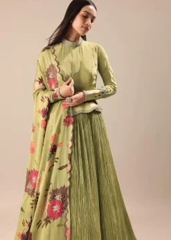 Bamboo Green Embroidered Anarkali Suit With Printed Dupatta