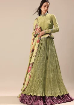 Bamboo Green Embroidered Anarkali Suit With Printed Dupatta