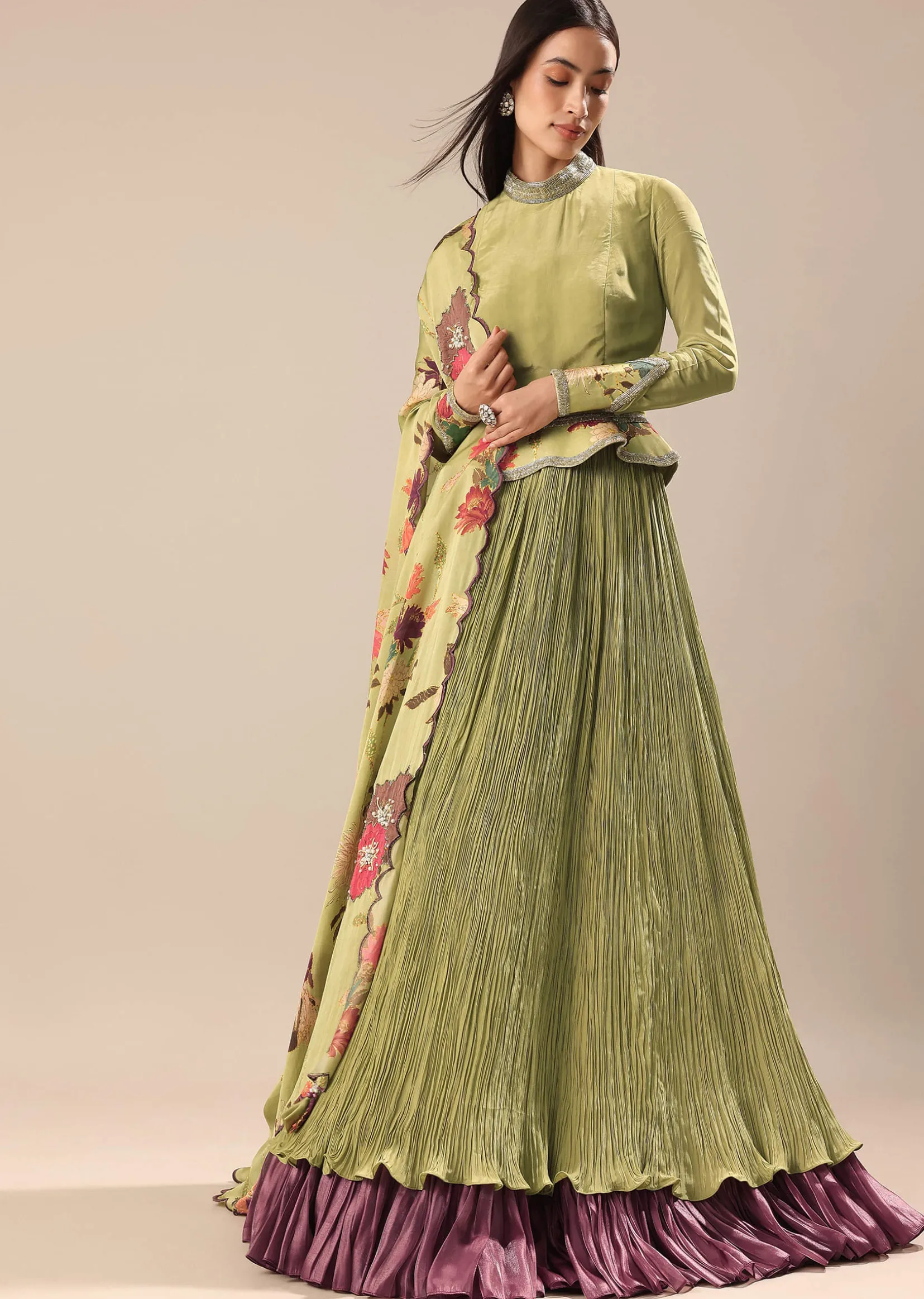 Bamboo Green Embroidered Anarkali Suit With Printed Dupatta